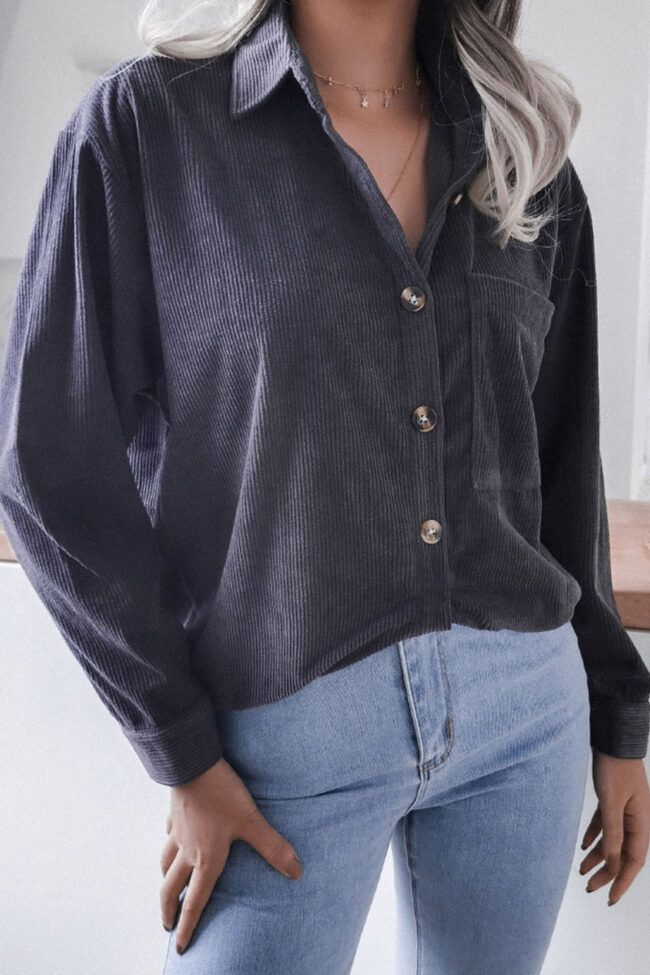 Fashion Casual Solid Pocket Turndown Collar Tops