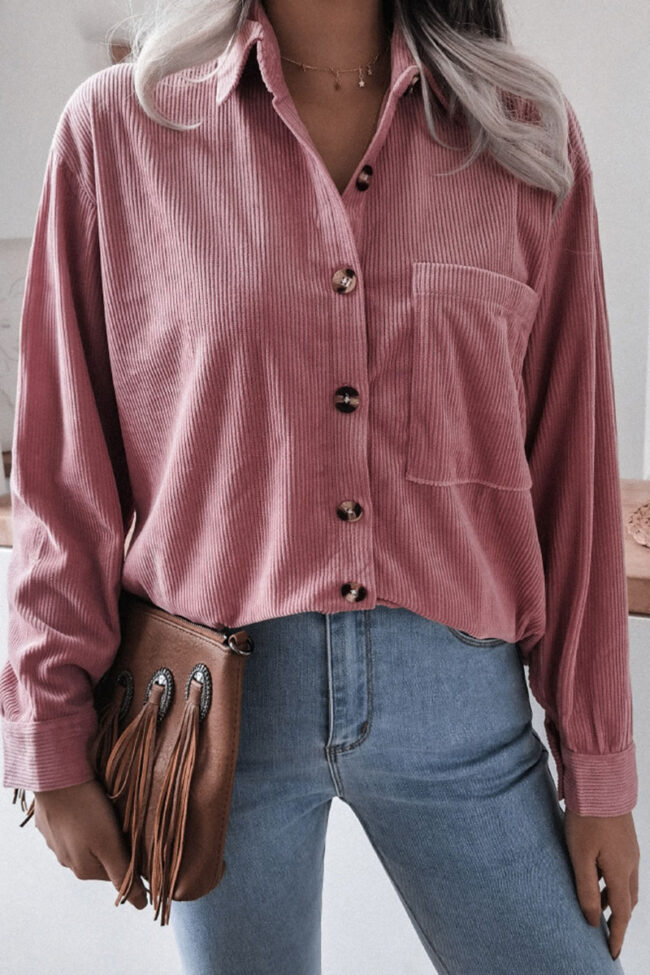 Fashion Casual Solid Pocket Turndown Collar Tops