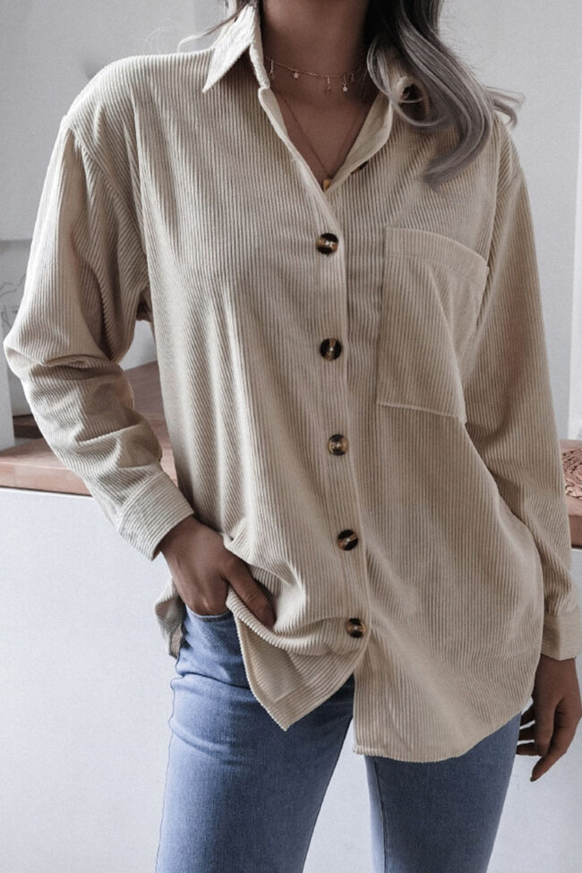 Fashion Casual Solid Pocket Turndown Collar Tops