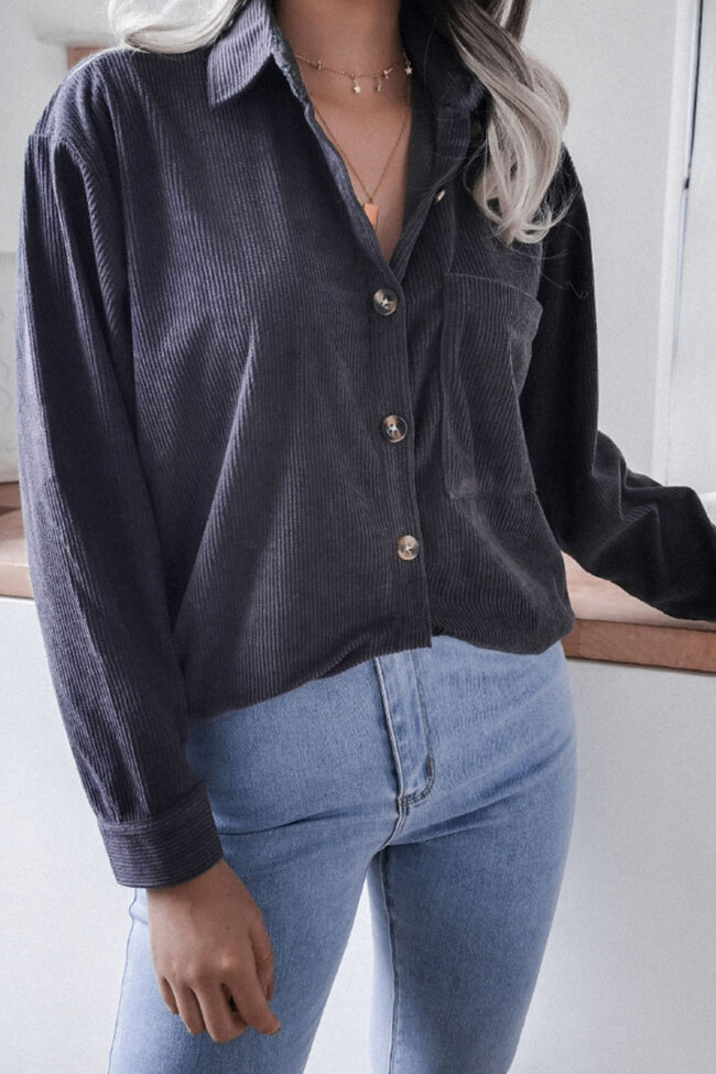 Fashion Casual Solid Pocket Turndown Collar Tops