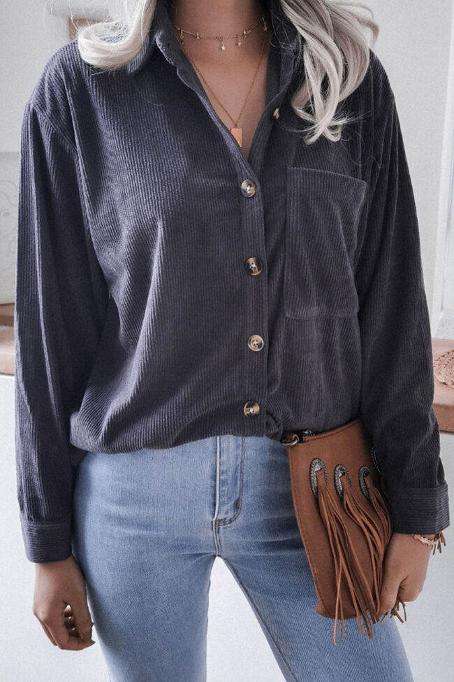 Fashion Casual Solid Pocket Turndown Collar Tops