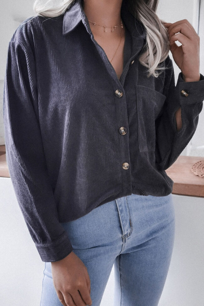 Fashion Casual Solid Pocket Turndown Collar Tops