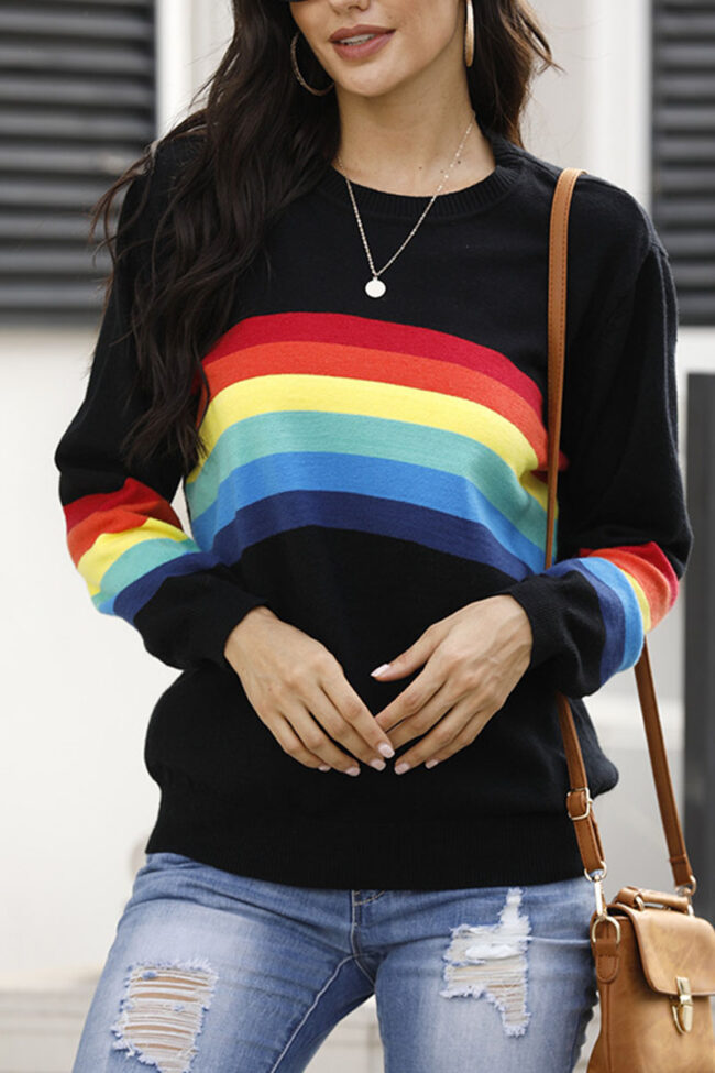 Fashion Casual Striped Split Joint O Neck Tops