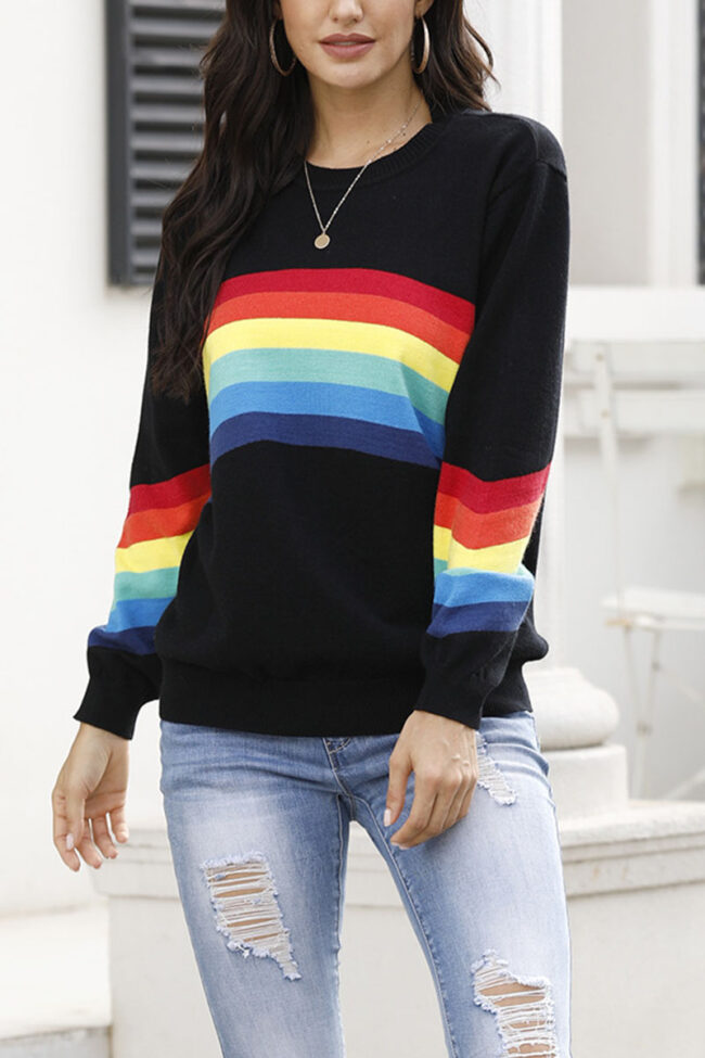 Fashion Casual Striped Split Joint O Neck Tops