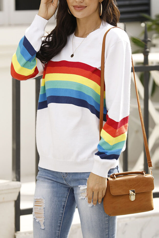 Fashion Casual Striped Split Joint O Neck Tops