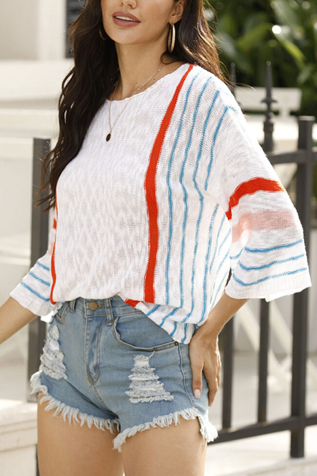 Fashion Sweet Striped Split Joint O Neck Tops