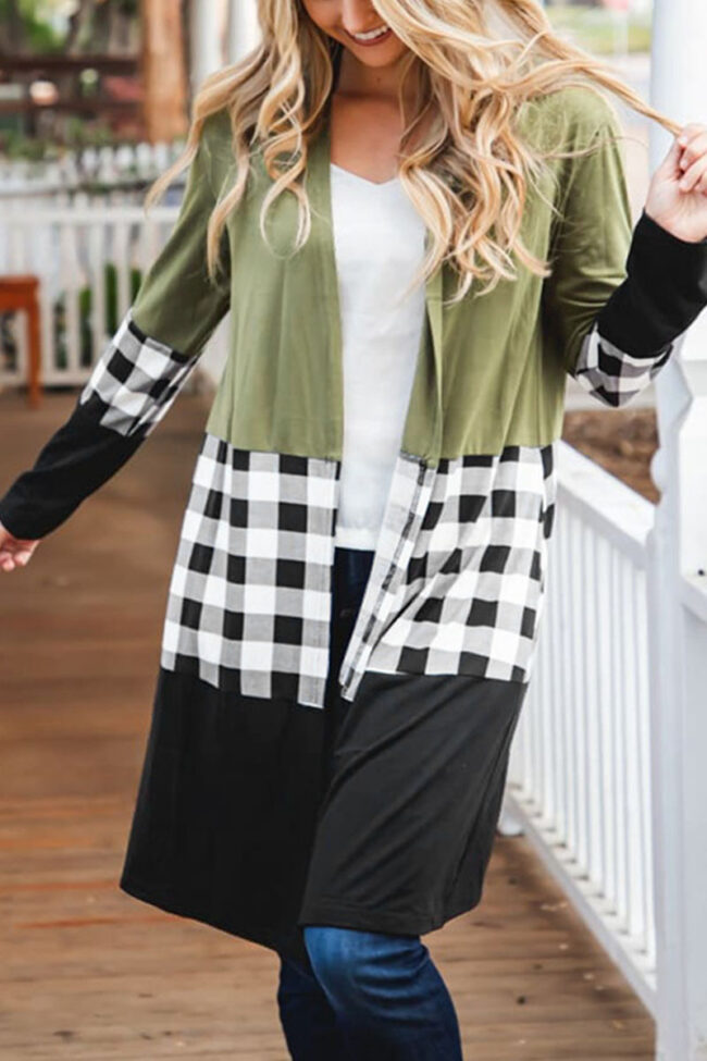 Fashion Casual Plaid Split Joint V Neck Outerwear