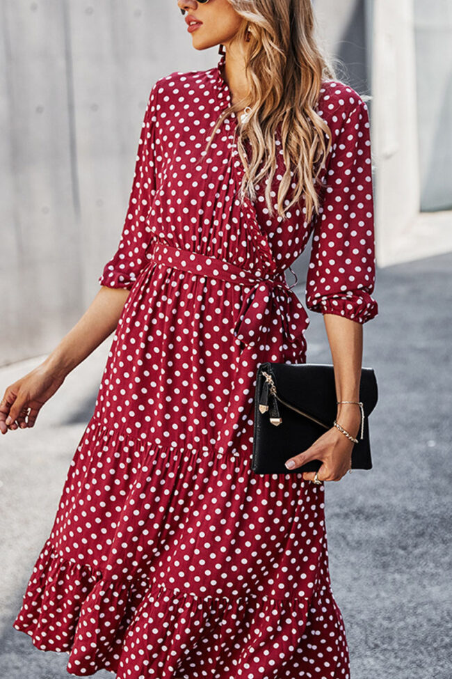 Fashion Street Dot Frenulum V Neck Printed Dress Dresses