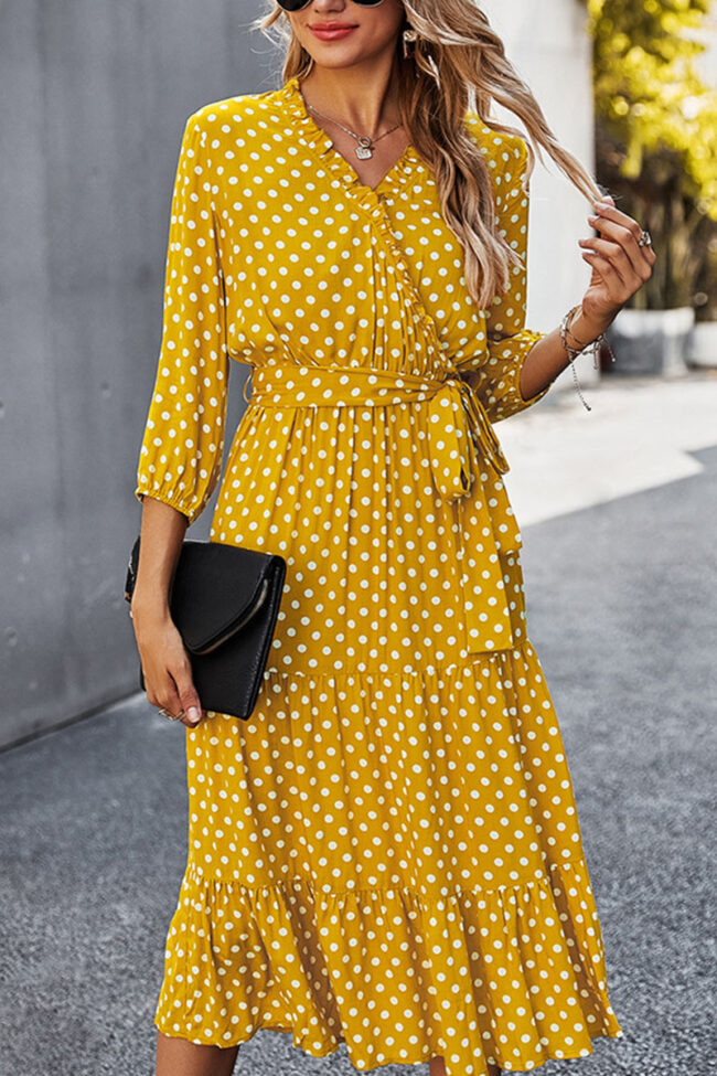 Fashion Street Dot Frenulum V Neck Printed Dress Dresses