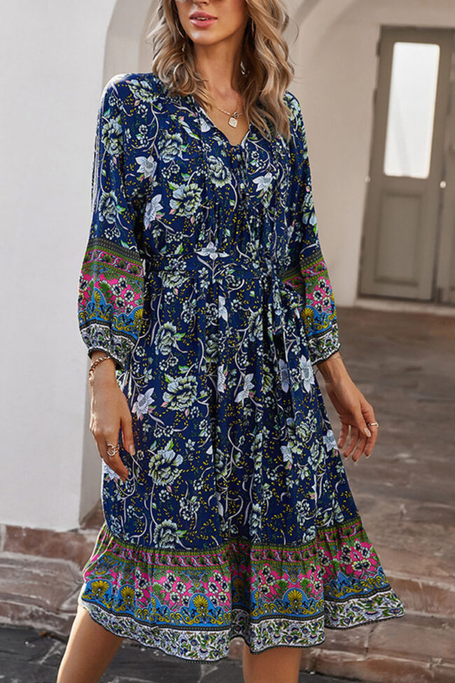 Fashion Street Print V Neck A Line Dresses